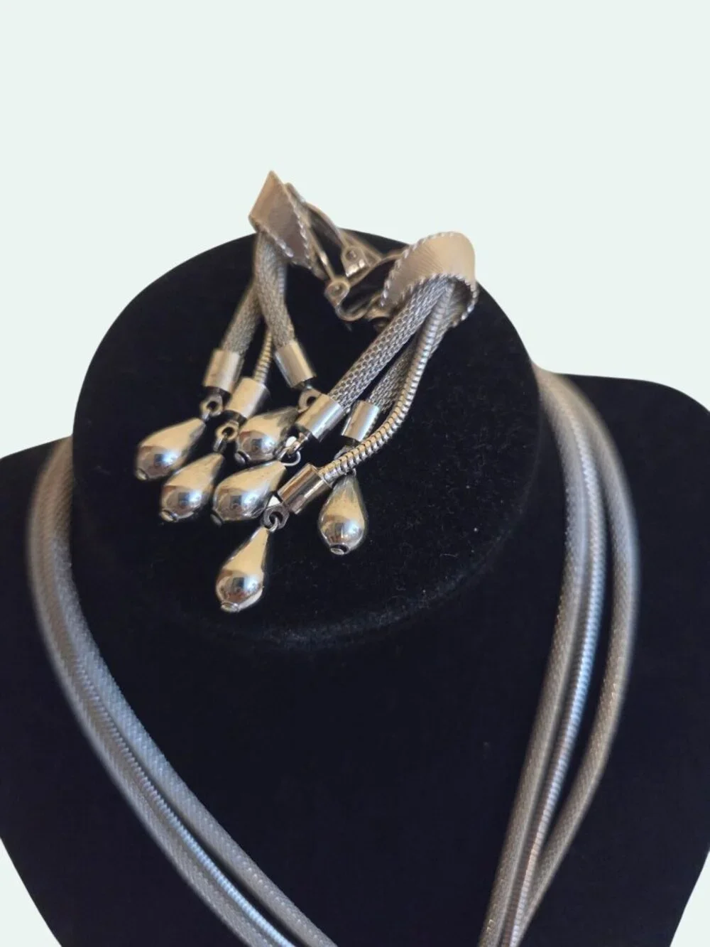 Vintage Multi-Strand Lariat Silver Necklace & Clip-On Earrings Set With Tassels
